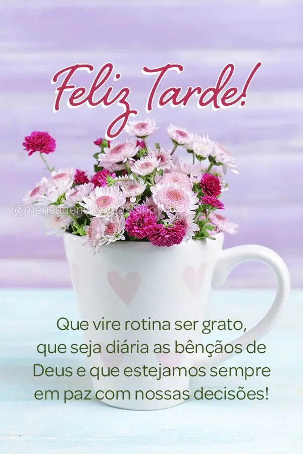 Que vire rotina ser grato, que seja diária as bênçãos de Deus e que estejamos sempre em paz com nossas decisões! Feliz tarde