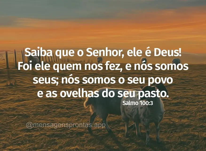 Saiba que o Senhor, ele é Deus! Foi ele quem nos fez, e nós somos seus; nós somos o seu povo e as ovelhas do seu pasto. Salmo 100:3