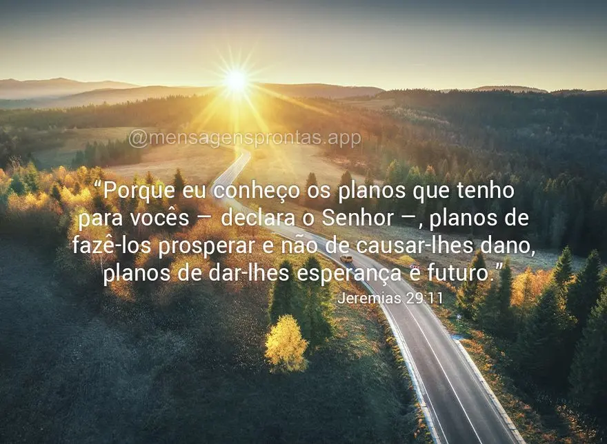 "Porque eu conheço os planos que tenho para vocês — declara o Senhor —, planos de fazê-los prosperar e não de causar-lhes dano, planos de dar-lhe...