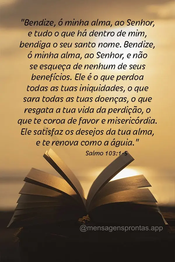 "Bendize, ó minha alma, ao Senhor, e tudo o que há dentro de mim, bendiga o seu santo nome. Bendize, ó minha alma, ao Senhor, e não se esqueça de ne...