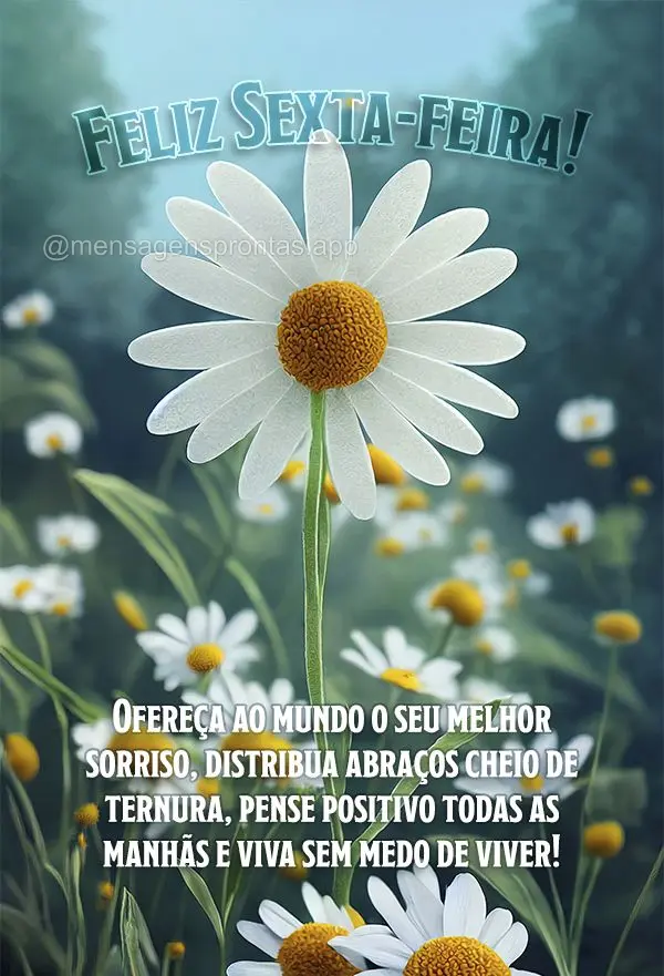 Ofereça ao mundo o seu melhor sorriso, distribua abraços cheio de ternura, pense positivo todas as manhãs e viva sem medo de viver! Feliz Sexta-feira!...