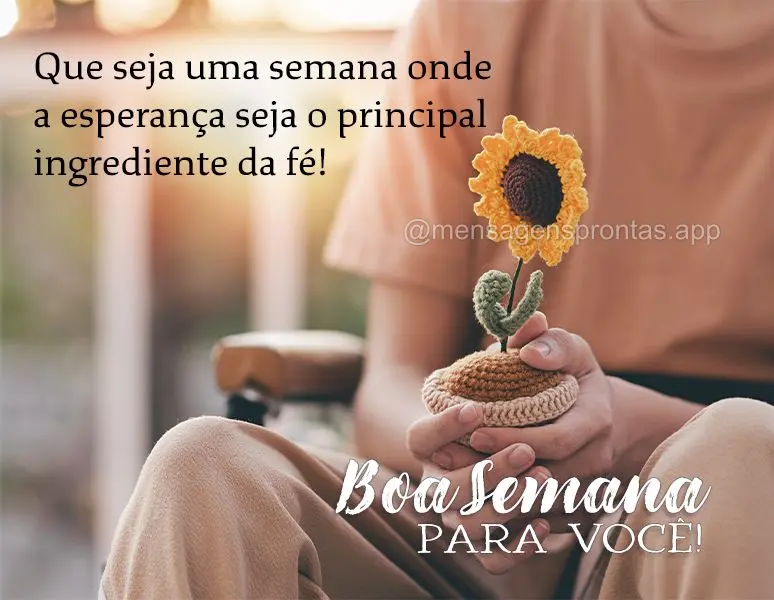 Que seja uma semana onde a esperança seja o principal ingrediente da fé! Boa Semana para você!