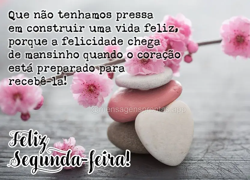 Que não tenhamos pressa em construir uma vida feliz, porque a felicidade chega de mansinho quando o coração está preparado para recebê-la! Feliz Seg...