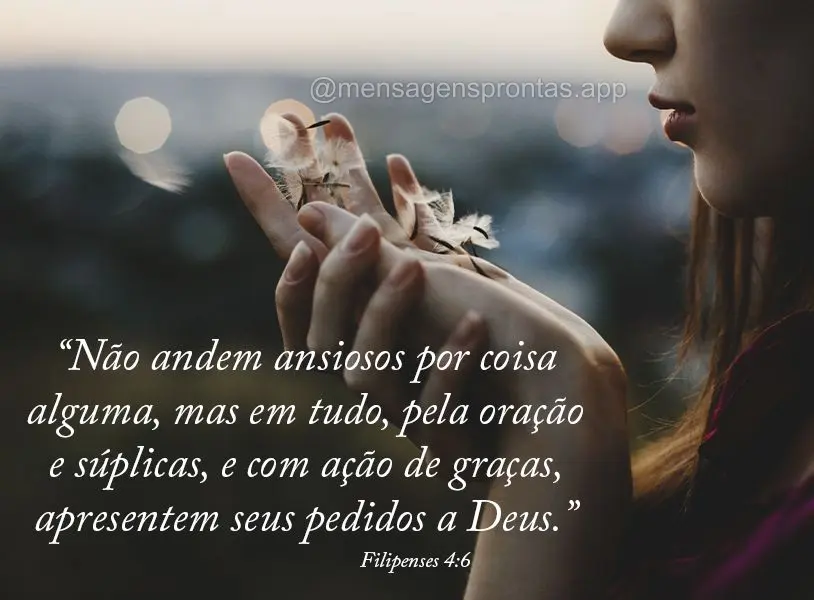 “Não andem ansiosos por coisa alguma, mas em tudo, pela oração e súplicas, e com ação de graças, apresentem seus pedidos a Deus.” Filipenses 4...