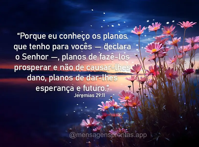 "Porque eu conheço os planos que tenho para vocês — declara o Senhor —, planos de fazê-los prosperar e não de causar-lhes dano, planos de dar-lhe...