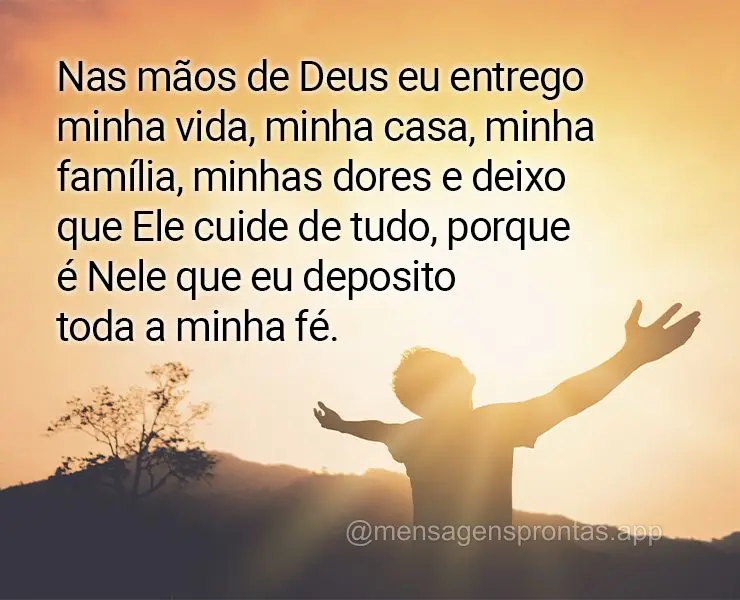 Nas mãos de Deus eu entrego minha vida, minha casa, minha família, minhas dores e deixo que Ele cuide de tudo, porque é Nele que eu deposito toda a mi...