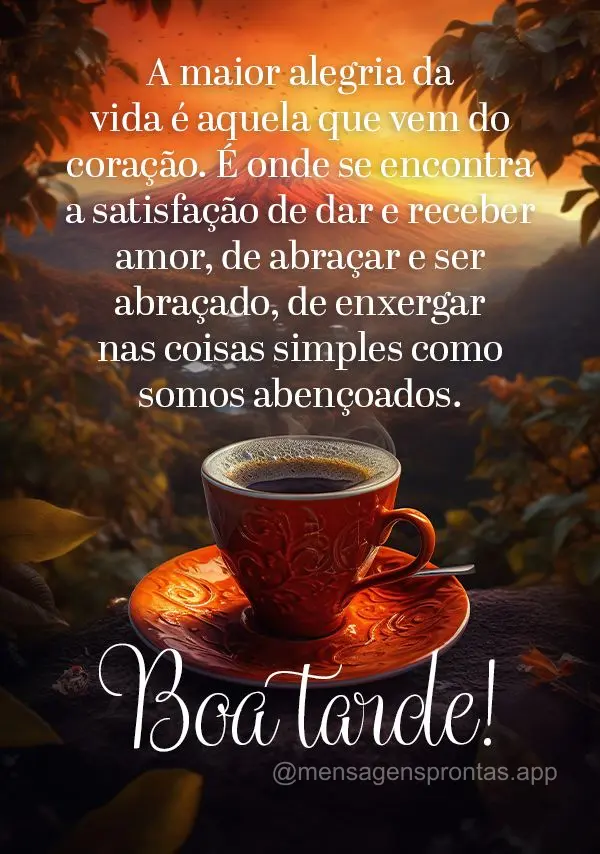 A maior alegria da vida é aquela que vem do coração. É onde se encontra a satisfação de dar e receber amor, de abraçar e ser abraçado, de enxerga...