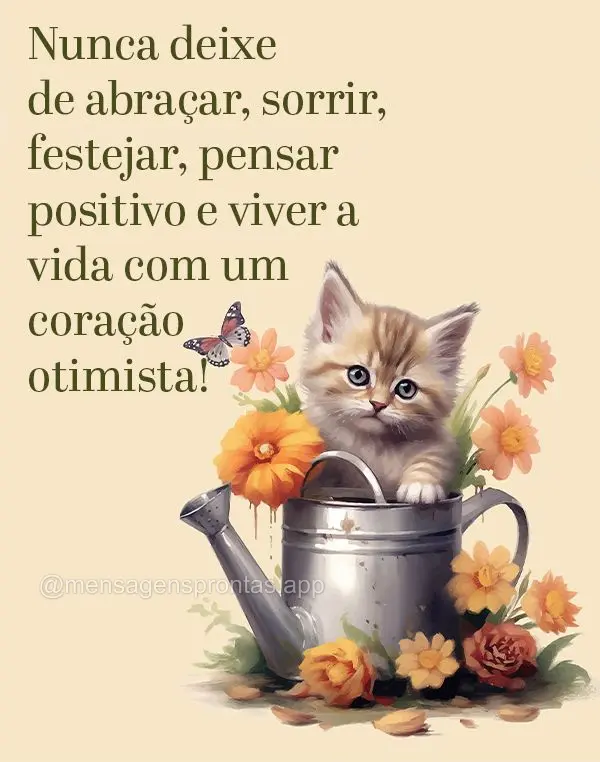 Nunca deixe de abraçar, sorrir, festejar, pensar positivo e viver a vida com um coração otimista!