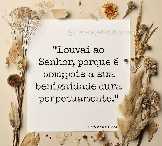 “Louvai ao Senhor, porque é bom; pois a sua benignidade dura perpetuamente.” 1Crônicas 16:34