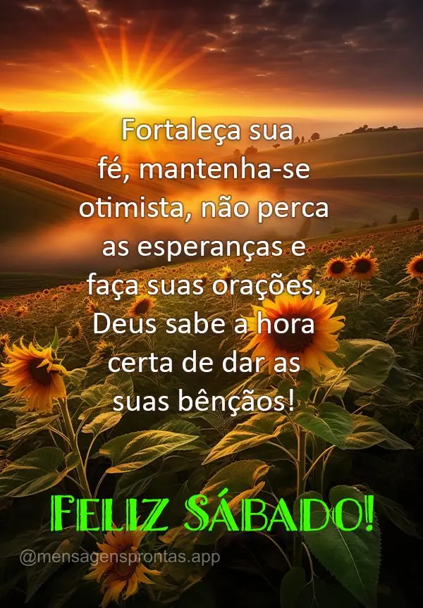 Fortaleça sua fé, mantenha-se otimista, não perca as esperanças e faça suas orações. Deus sabe a hora certa de dar as suas bênçãos! Feliz Sába...