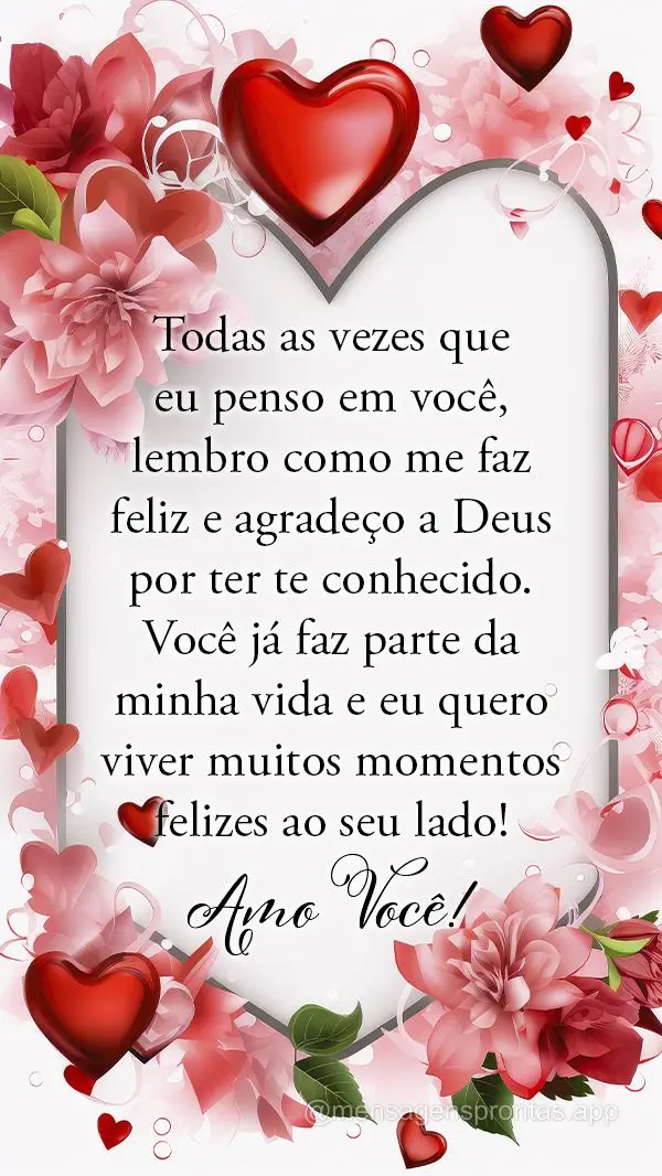 Todas as vezes que eu penso em você, lembro como me faz feliz e agradeço a Deus por ter te conhecido. Você já faz parte da minha vida e eu quero vive...