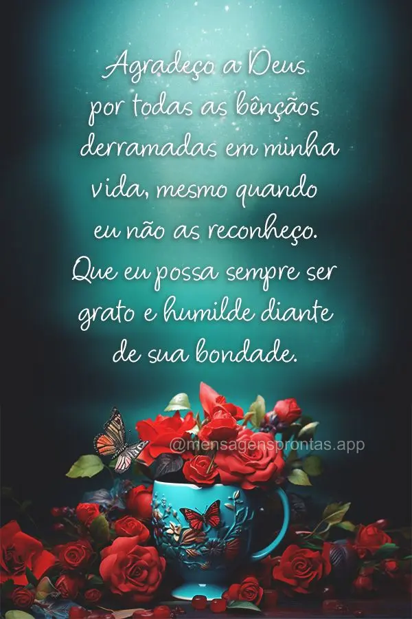 Agradeço a Deus por todas as bênçãos derramadas em minha vida, mesmo quando eu não as reconheço. Que eu possa sempre ser grato e humilde diante de ...