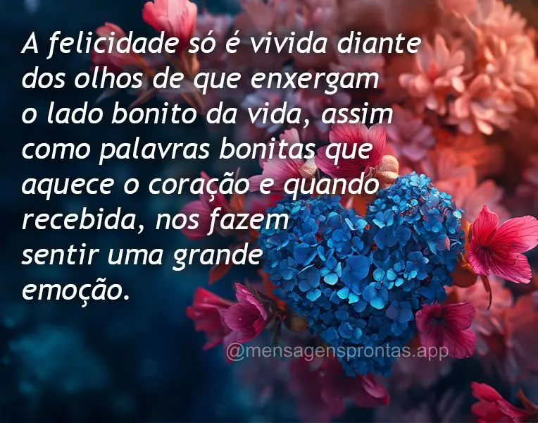 A felicidade só é vivida diante dos olhos de que enxergam o lado bonito da vida, assim como palavras bonitas que aquece o coração e quando recebida, ...