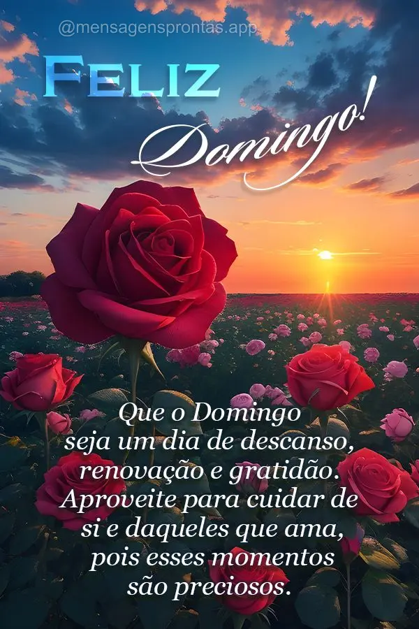 Que o Domingo seja um dia de descanso, renovação e gratidão. Aproveite para cuidar de si e daqueles que ama, pois esses momentos são preciosos. Feliz...