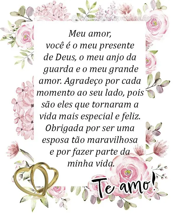 Meu amor, você é o meu presente de Deus, o meu anjo da guarda e o meu grande amor. Agradeço por cada momento ao seu lado, pois são eles que tornam a ...