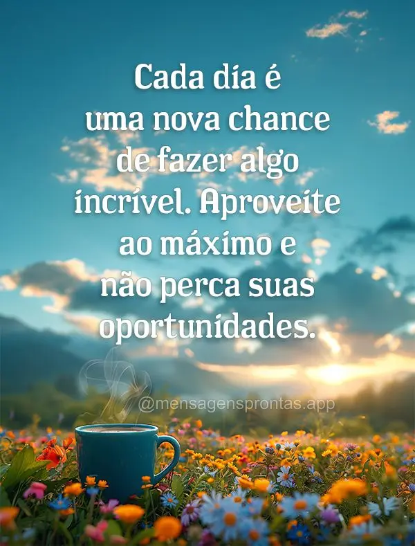 Cada dia é uma nova chance de fazer algo incrível. Aproveite ao máximo e não perca suas oportunidades.