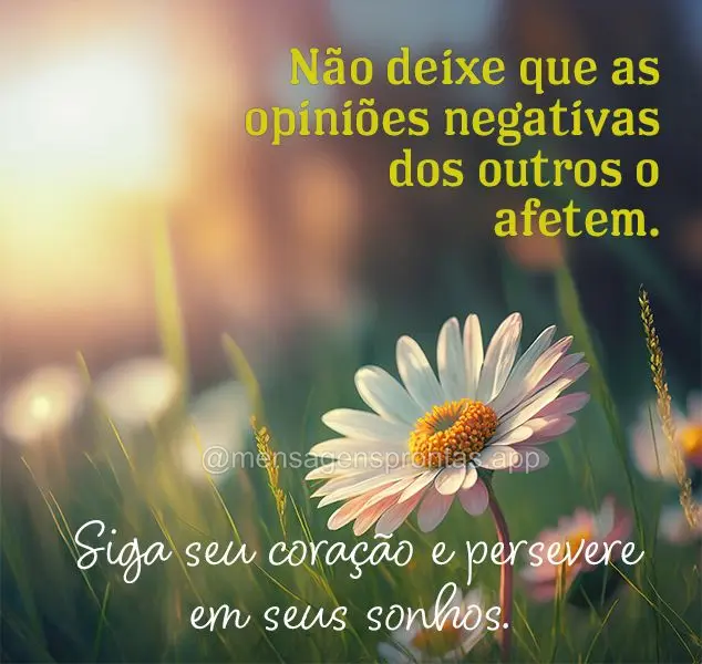 Não deixe que as opiniões negativas dos outros o afetem. Siga seu coração e persevere em seus sonhos.