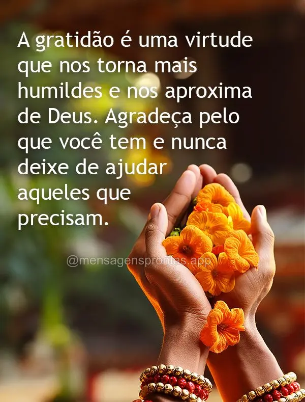 A gratidão é uma virtude que nos torna mais humildes e nos aproxima de Deus. Agradeça pelo que você tem e nunca deixe de ajudar aqueles que precisam....