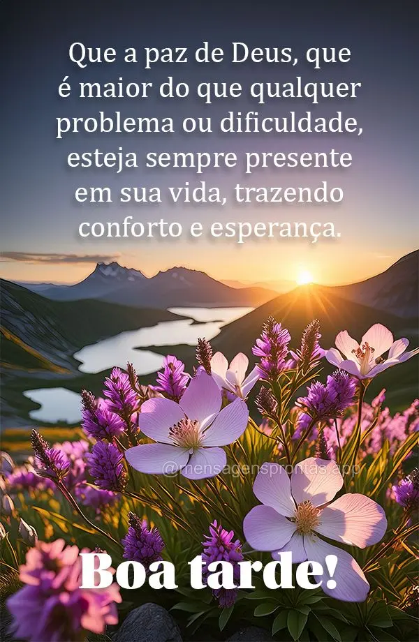 Que a paz de Deus, que é maior do que qualquer problema ou dificuldade, esteja sempre presente em sua vida, trazendo conforto e esperança. Boa tarde!...