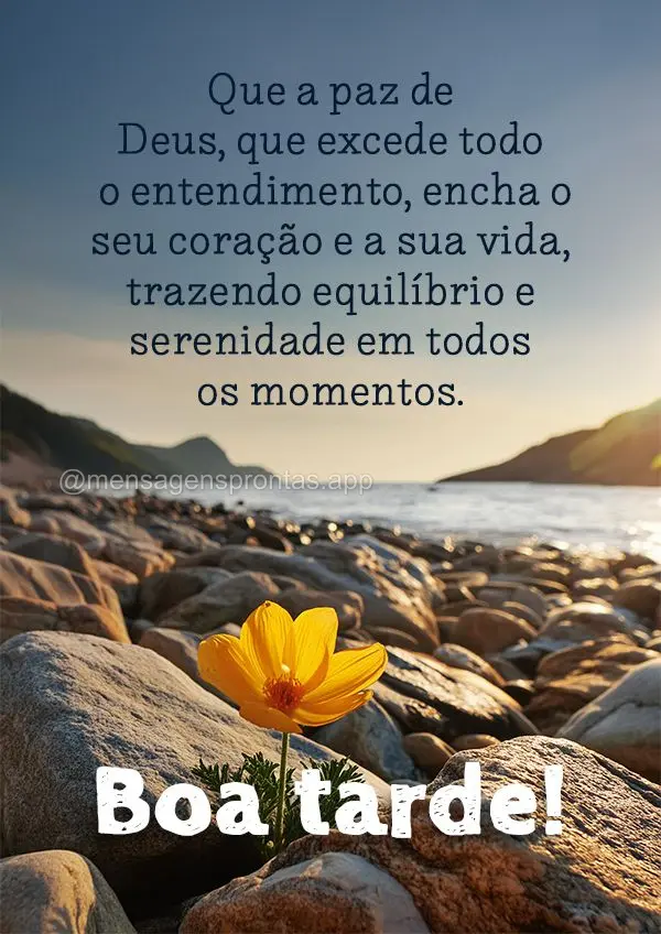 Que a paz de Deus, que excede todo o entendimento, encha o seu coração e a sua vida, trazendo equilíbrio e serenidade em todos os momentos. Boa tarde!...