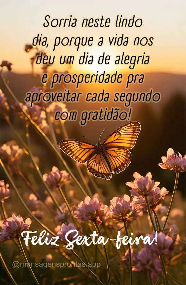 Sorria neste lindo dia, porque a vida nos deu um dia de alegria e prosperidade pra aproveitar cada segundo com gratidão! Feliz Sexta-feira!