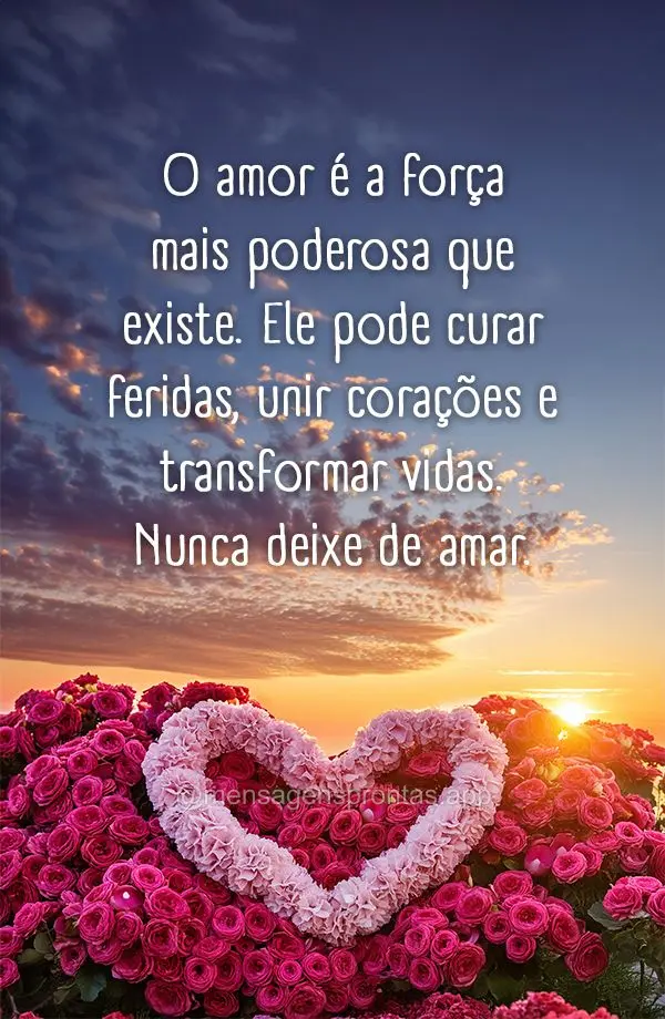 O amor é a força mais poderosa que existe. Ele pode curar feridas, unir corações e transformar vidas. Nunca deixe de amar.