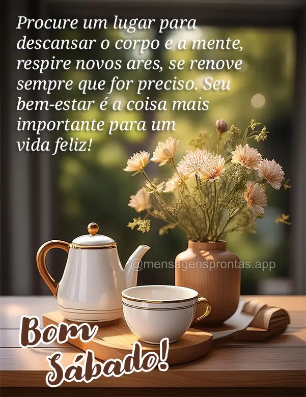 Procure um lugar para descansar o corpo e a mente, respire novos ares, se renove sempre que for preciso. Seu bem-estar é a coisa mais importante para um...