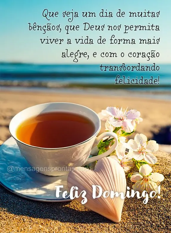 Que seja um dia de muitas bênçãos, que Deus nos permita viver a vida de forma mais alegre, e com o coração transbordando felicidade! Feliz Domingo!...