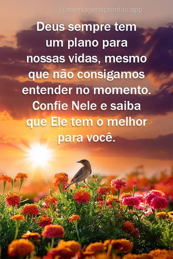 Deus sempre tem um plano para nossas vidas, mesmo que não consigamos entender no momento. Confie Nele e saiba que Ele tem o melhor para você.