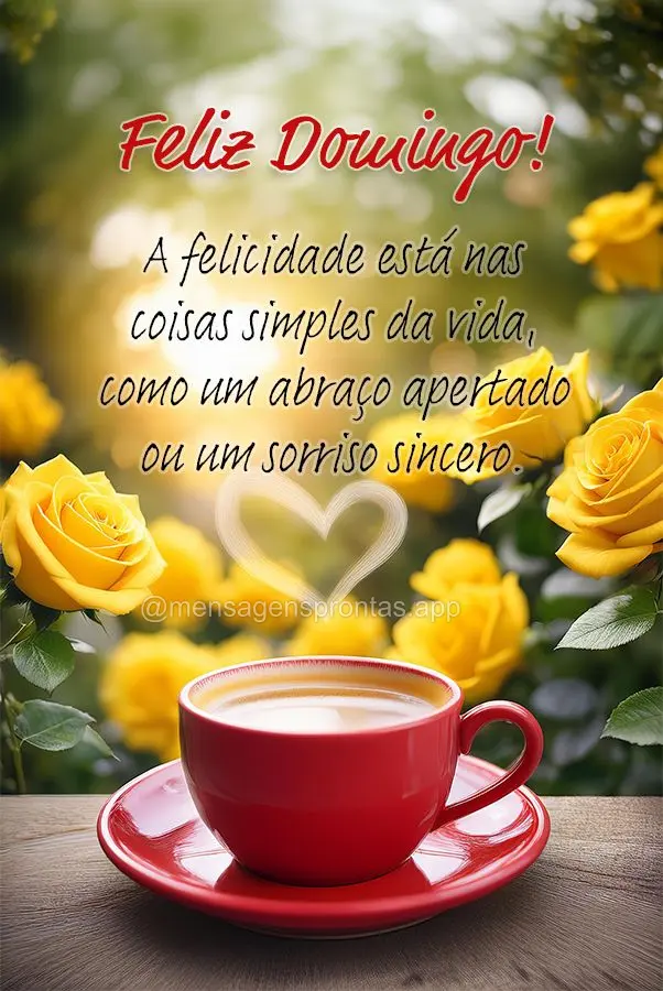 A felicidade está nas coisas simples da vida, como um abraço apertado ou um sorriso sincero. Feliz Domingo! 