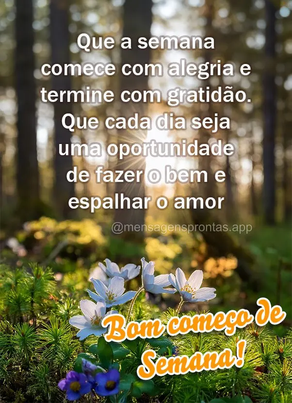 Que a semana comece com alegria e termine com gratidão. Que cada dia seja uma oportunidade de fazer o bem e espalhar o amor. Bom começo de semana!