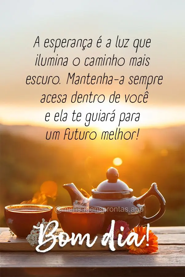 A esperança é a luz que ilumina o caminho mais escuro. Mantenha-a sempre acesa dentro de você e ela te guiará para um futuro melhor. Bom dia!