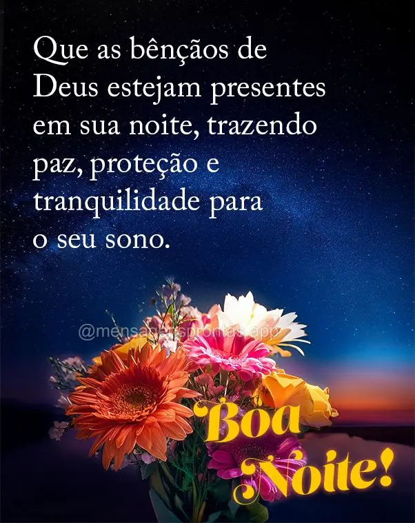 Que as bênçãos de Deus estejam presentes em sua noite, trazendo paz, proteção e tranquilidade para o seu sono. Boa noite!