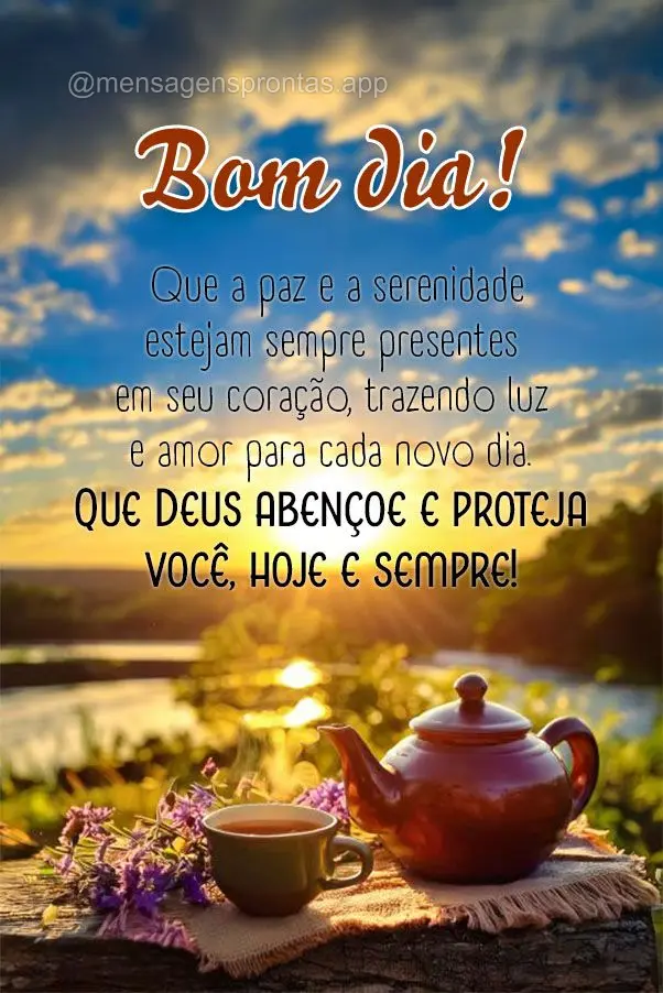 Que a paz e a serenidade estejam sempre presentes em seu coração, trazendo luz e amor para cada novo dia. Que Deus abençoe e proteja você, hoje e sem...