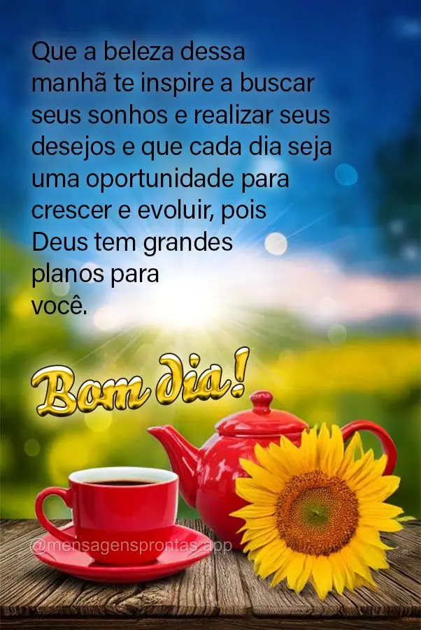 Que a beleza dessa manhã te inspire a buscar seus sonhos e realizar seus desejos e que cada dia seja uma oportunidade para crescer e evoluir, pois Deus ...