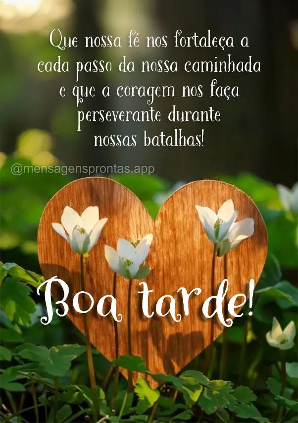 Que nossa fé nos fortaleça a cada passo da nossa caminhada e que a coragem nos faça perseverante durante nossas batalhas! Boa tarde!