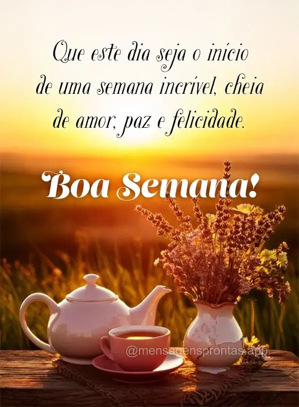 Que este dia seja o início de uma semana incrível, cheia de amor, paz e felicidade. Bom dia! Boa Semana!