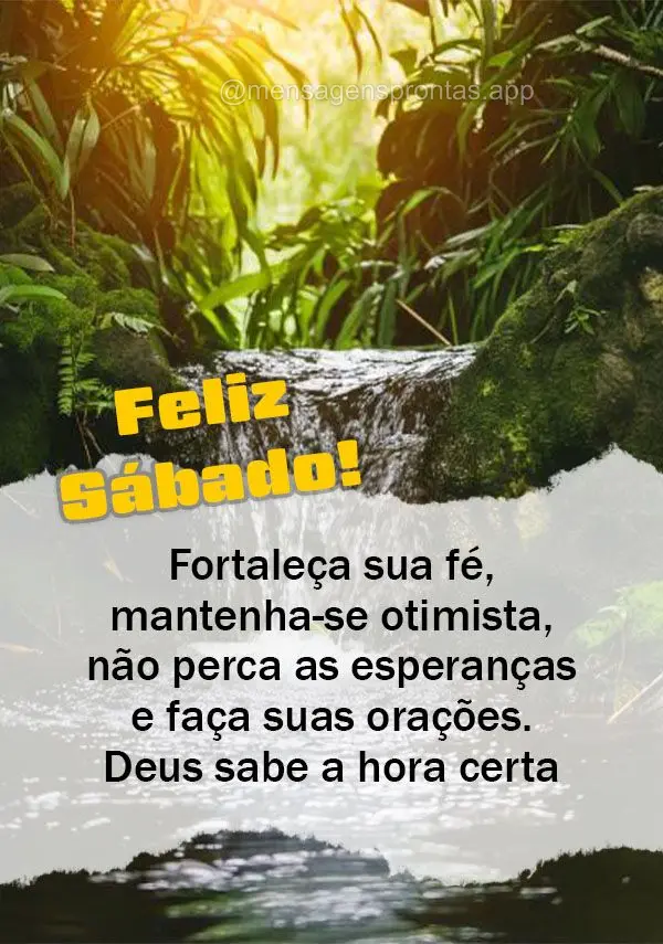 Fortaleça sua fé, mantenha-se otimista, não perca as esperanças e faça suas orações. Deus sabe a hora certa de dar as suas bênçãos! Feliz Sába...