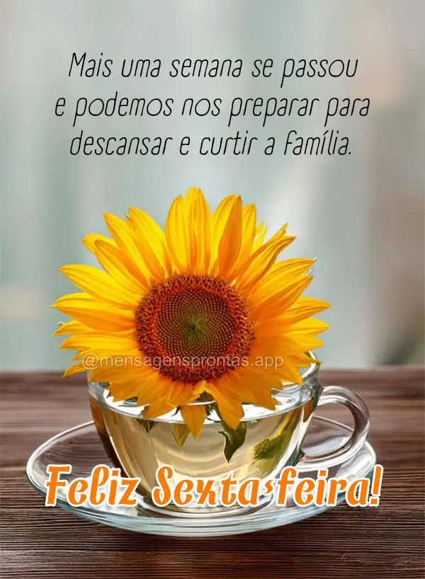 Mais uma semana se passou e podemos nos preparar para descansar e curtir a família. Feliz Sexta-feira!