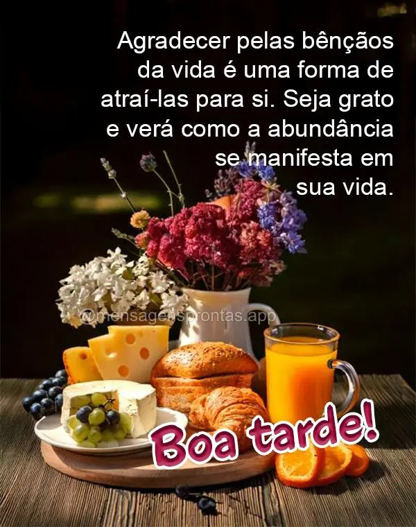 Agradecer pelas bênçãos da vida é uma forma de atraí-las para si. Seja grato e verá como a abundância se manifesta em sua vida. Boa tarde!