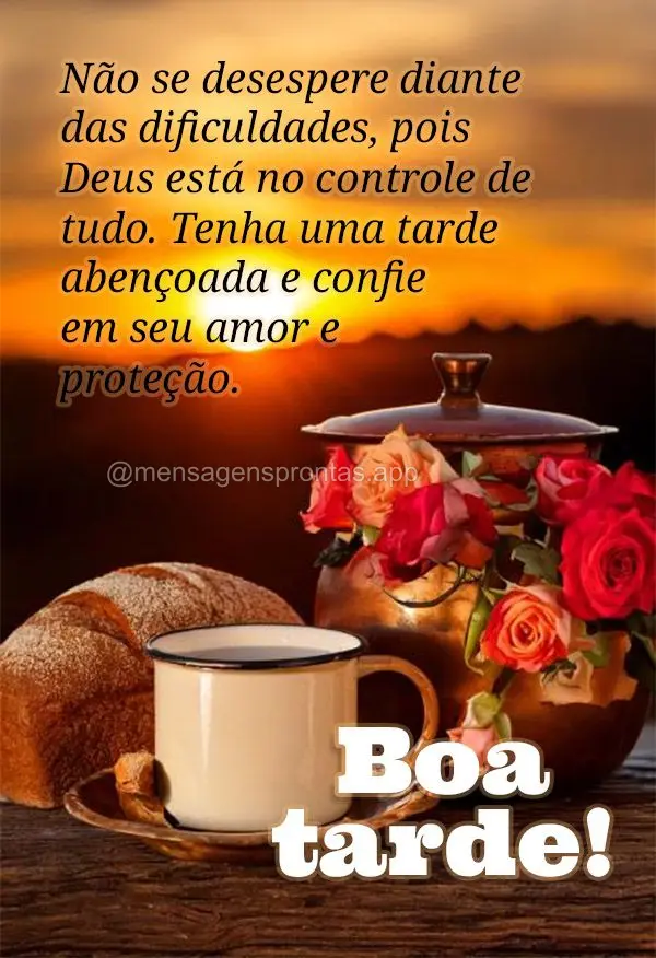 Não se desespere diante das dificuldades, pois Deus está no controle de tudo. Tenha uma tarde abençoada e confie em seu amor e proteção. Boa tarde!...